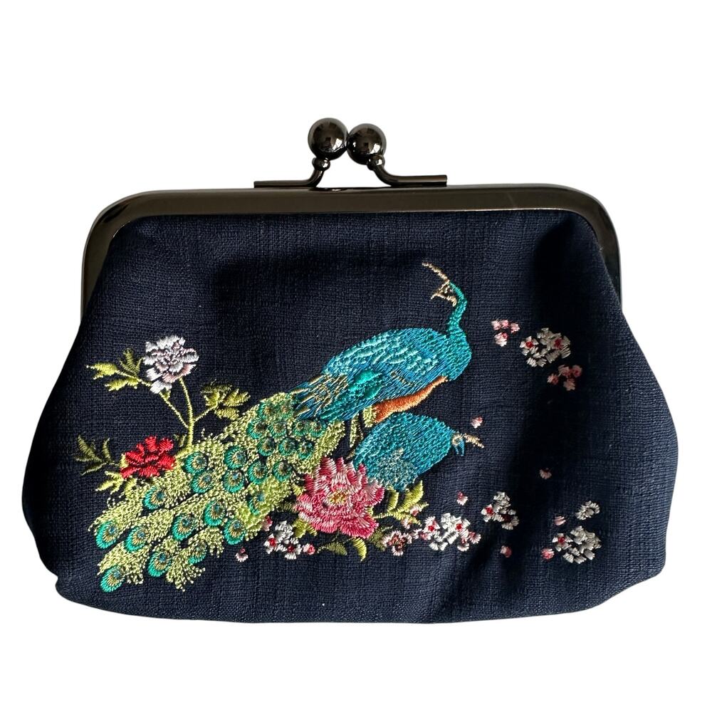 Womens Embroidered Peacock Kisslock Coin Purse Wallet Navy Turquoise Retro